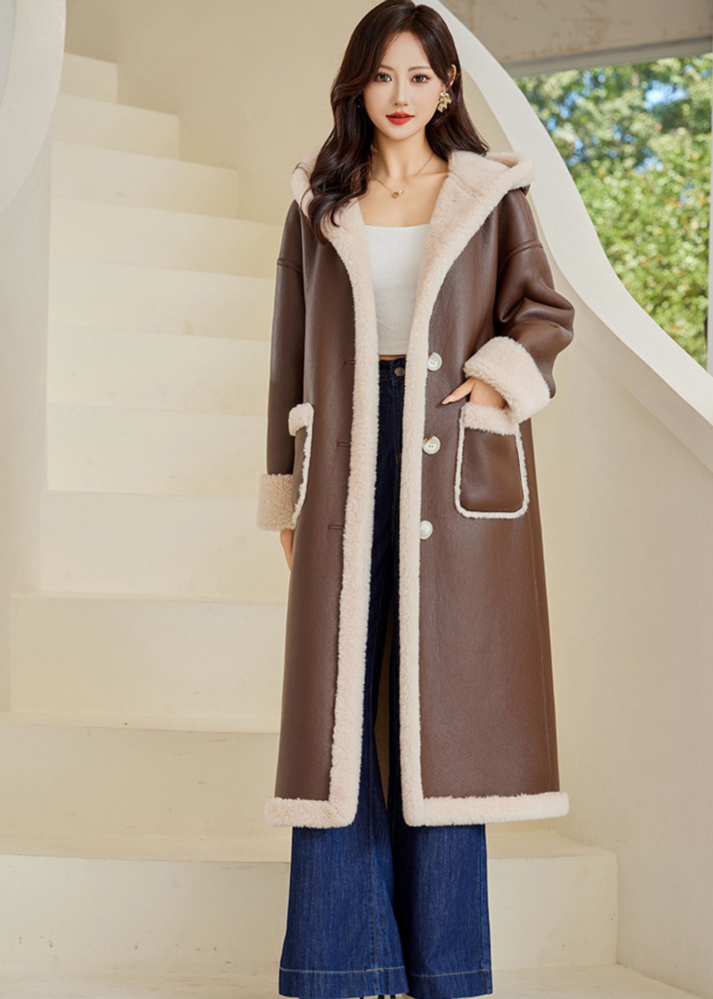 Faux Leather Wool Fur Lined Hooded Long Coat – Vivian Seven