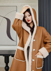 Women's Winter Faux Leather Wool Fur Lined Hooded Long Coat