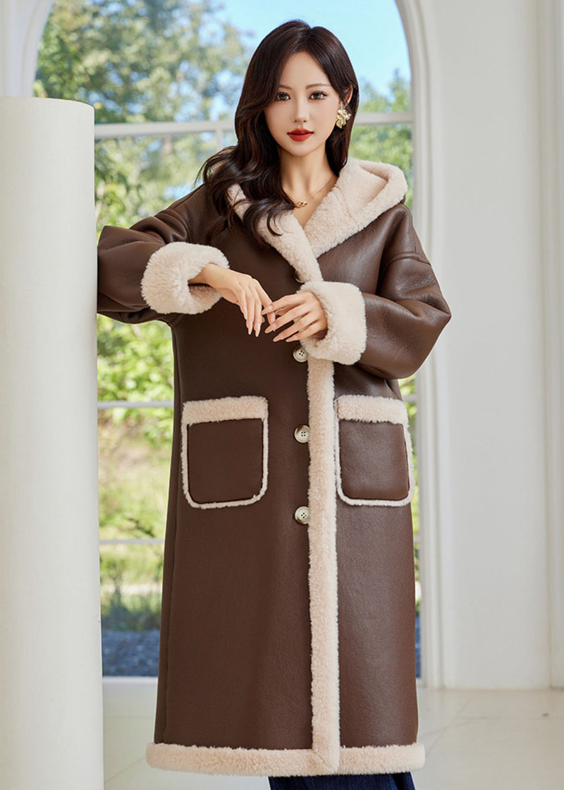 Women's Winter Faux Leather Wool Fur Lined Hooded Long Coat