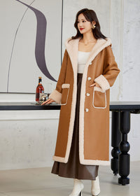 Women's Winter Faux Leather Wool Fur Lined Hooded Long Coat