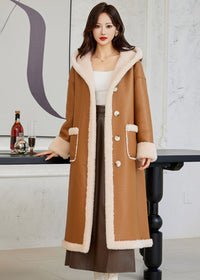 Women's Winter Faux Leather Wool Fur Lined Hooded Long Coat