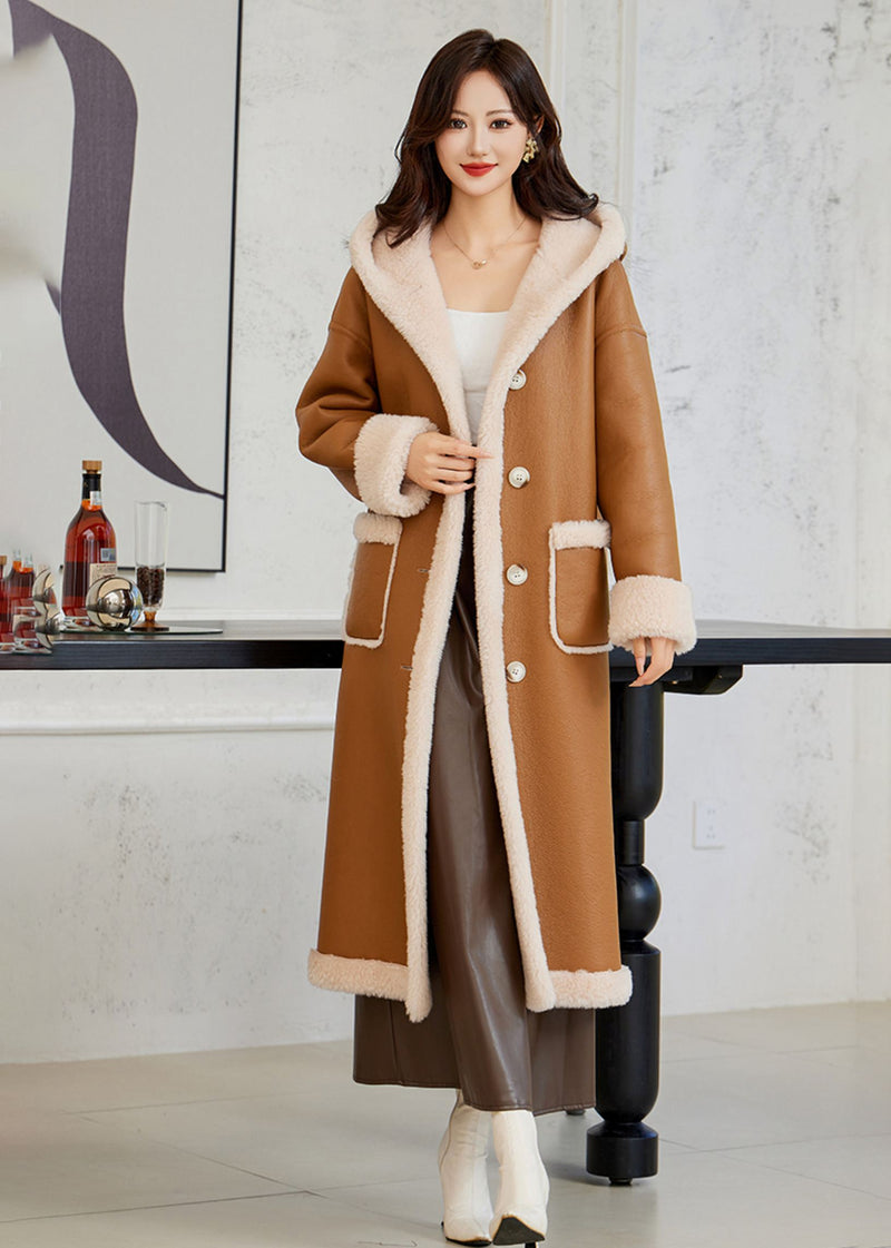 Women's Winter Faux Leather Wool Fur Lined Hooded Long Coat