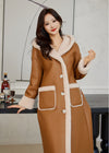 Women's Winter Faux Leather Wool Fur Lined Hooded Long Coat