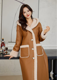 Women's Winter Faux Leather Wool Fur Lined Hooded Long Coat