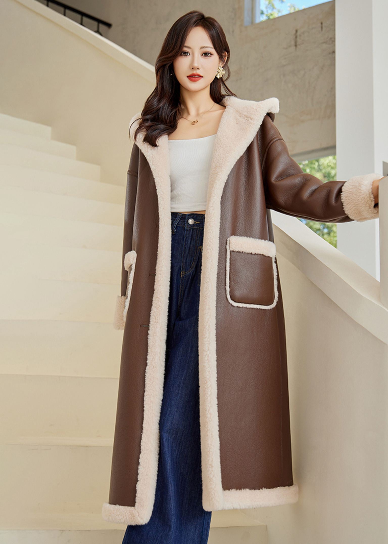 Faux Leather Wool Fur Lined Hooded Long Coat – Vivian Seven