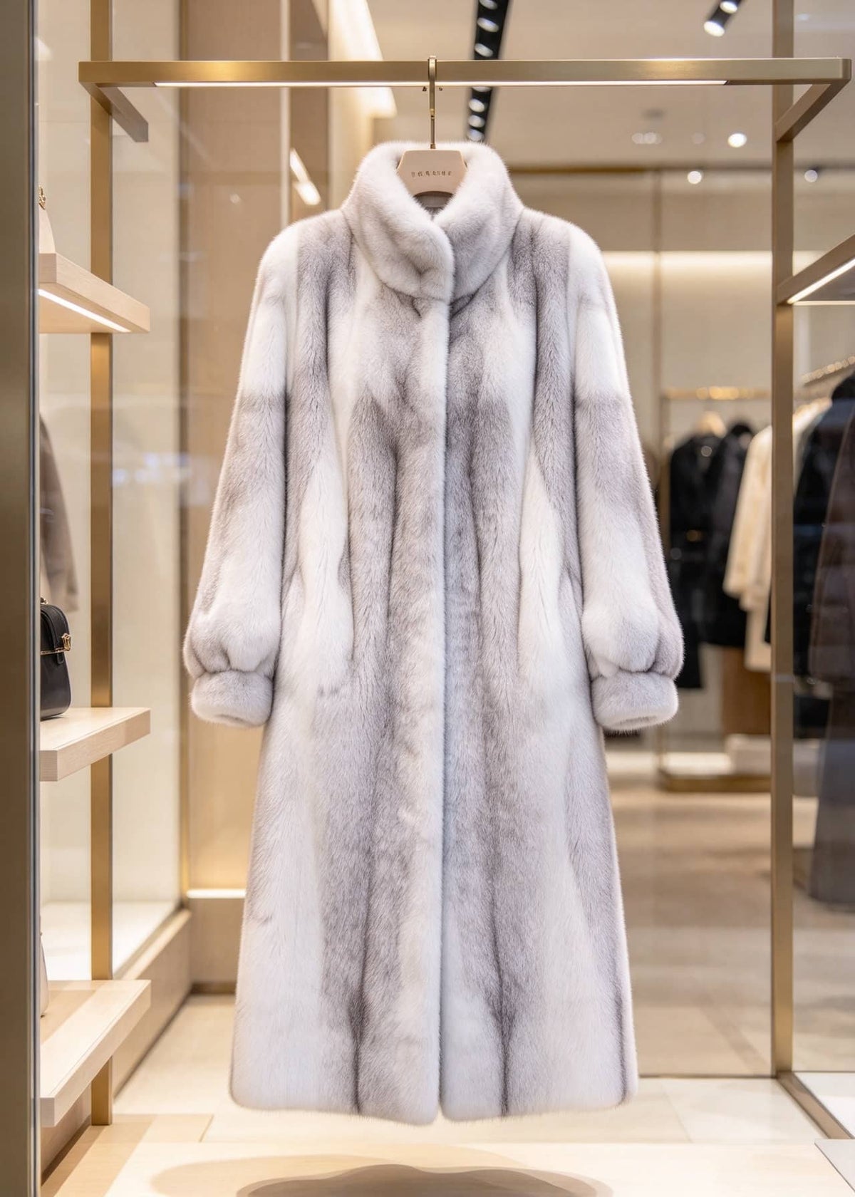 Luxury boutique display of a women's frosted ombre faux mink longline coat featuring a funnel collar and gathered lantern sleeves hanging on a gold rack.  