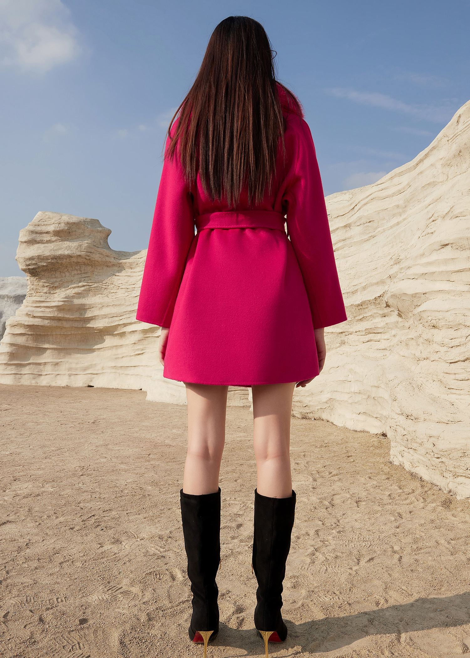 Fuchsia Fox Fur Collar Wrap Belted Wool Blend Coat – Vivian Seven