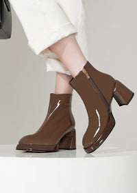 Patent Genuine Leather Side Zip Chunky Heel Booties