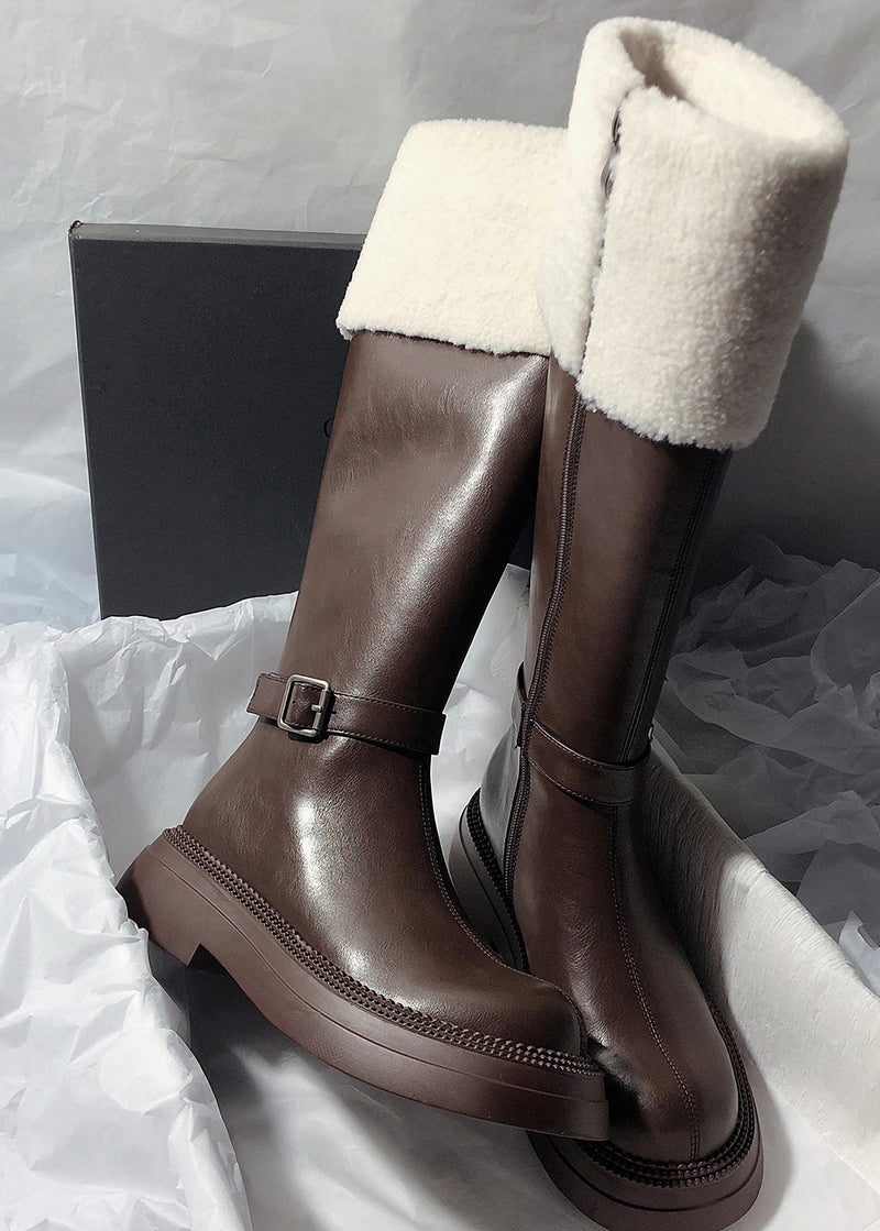 Women's Winter Genuine Shearling Lined Buckle Zip Boots Brown