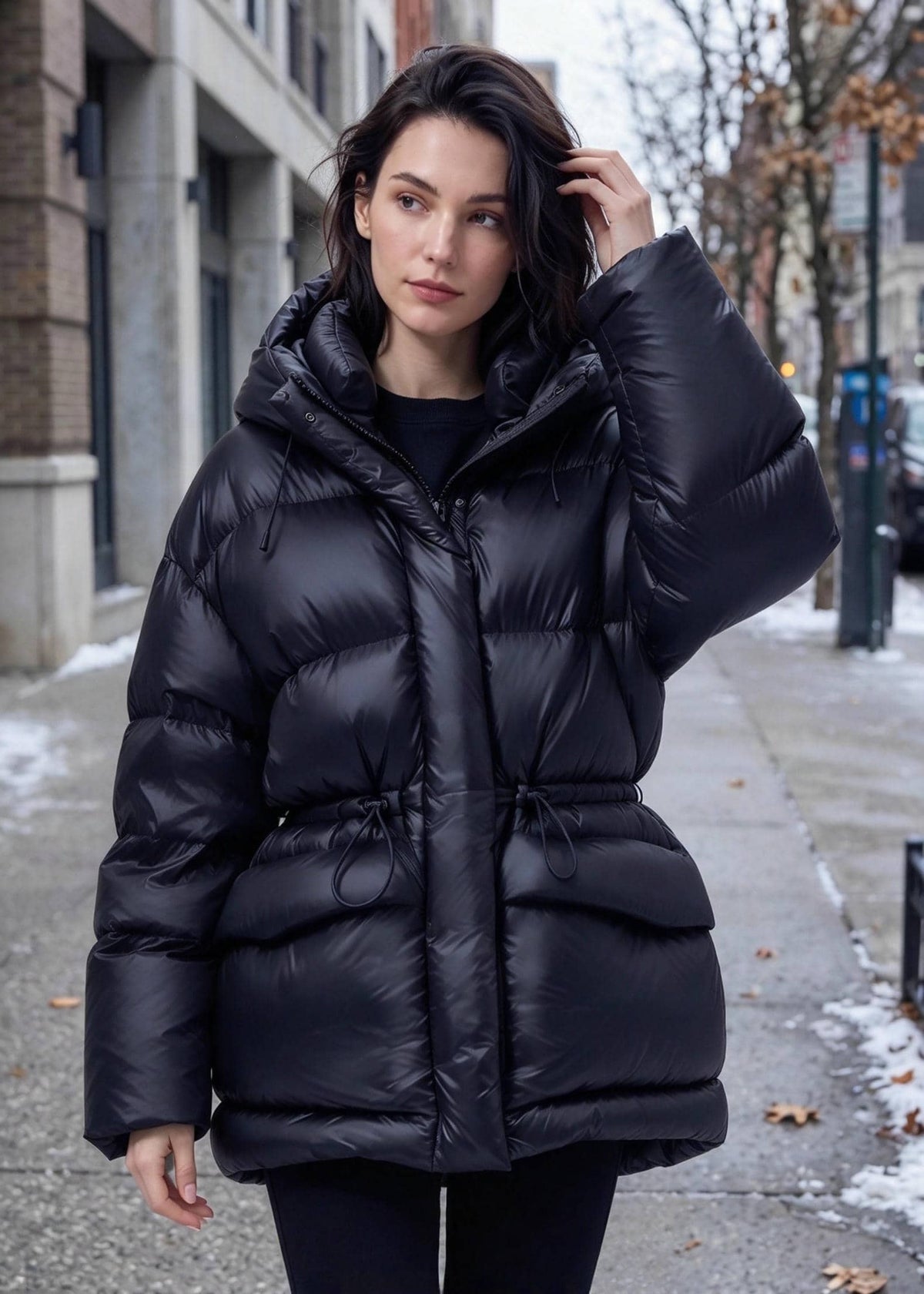 Black Cinched Waist Glossy Hooded Duck Down Puffer Jacket