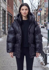 Black Cinched Waist Glossy Hooded Duck Down Puffer Jacket