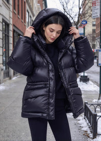 Black Cinched Waist Glossy Hooded Duck Down Puffer Jacket