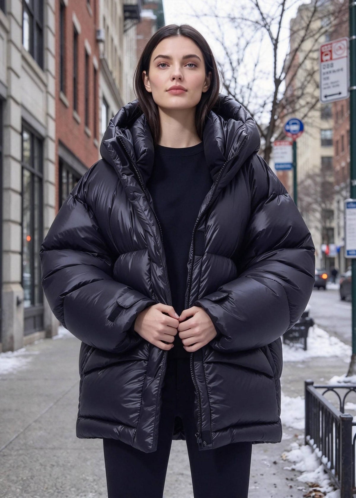Black Cinched Waist Glossy Hooded Duck Down Puffer Jacket