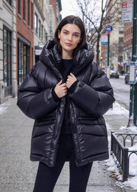 Black Cinched Waist Glossy Hooded Duck Down Puffer Jacket