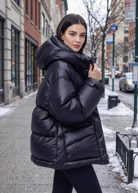 Black Cinched Waist Glossy Hooded Duck Down Puffer Jacket