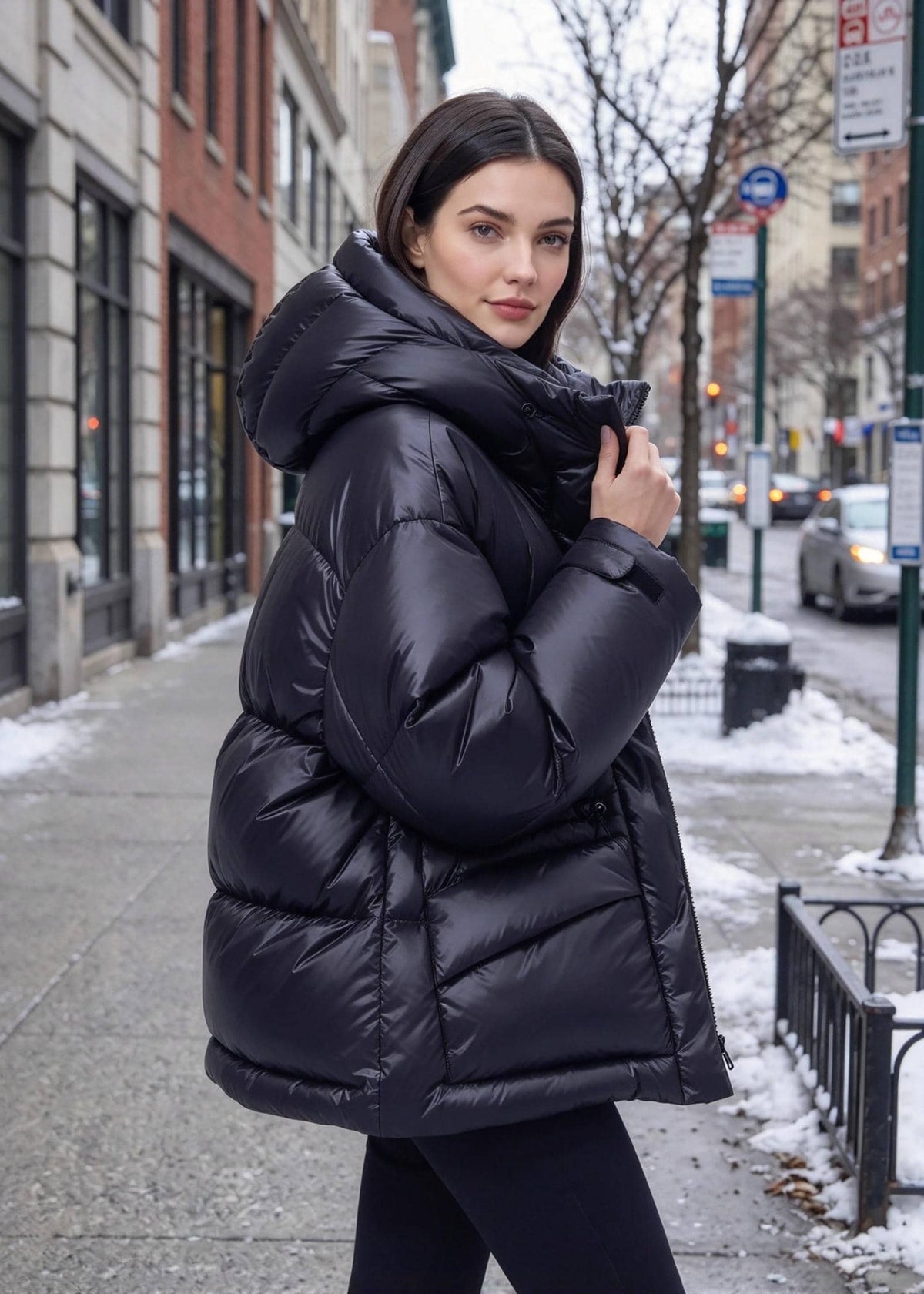 Black Cinched Waist Glossy Hooded Duck Down Puffer Jacket