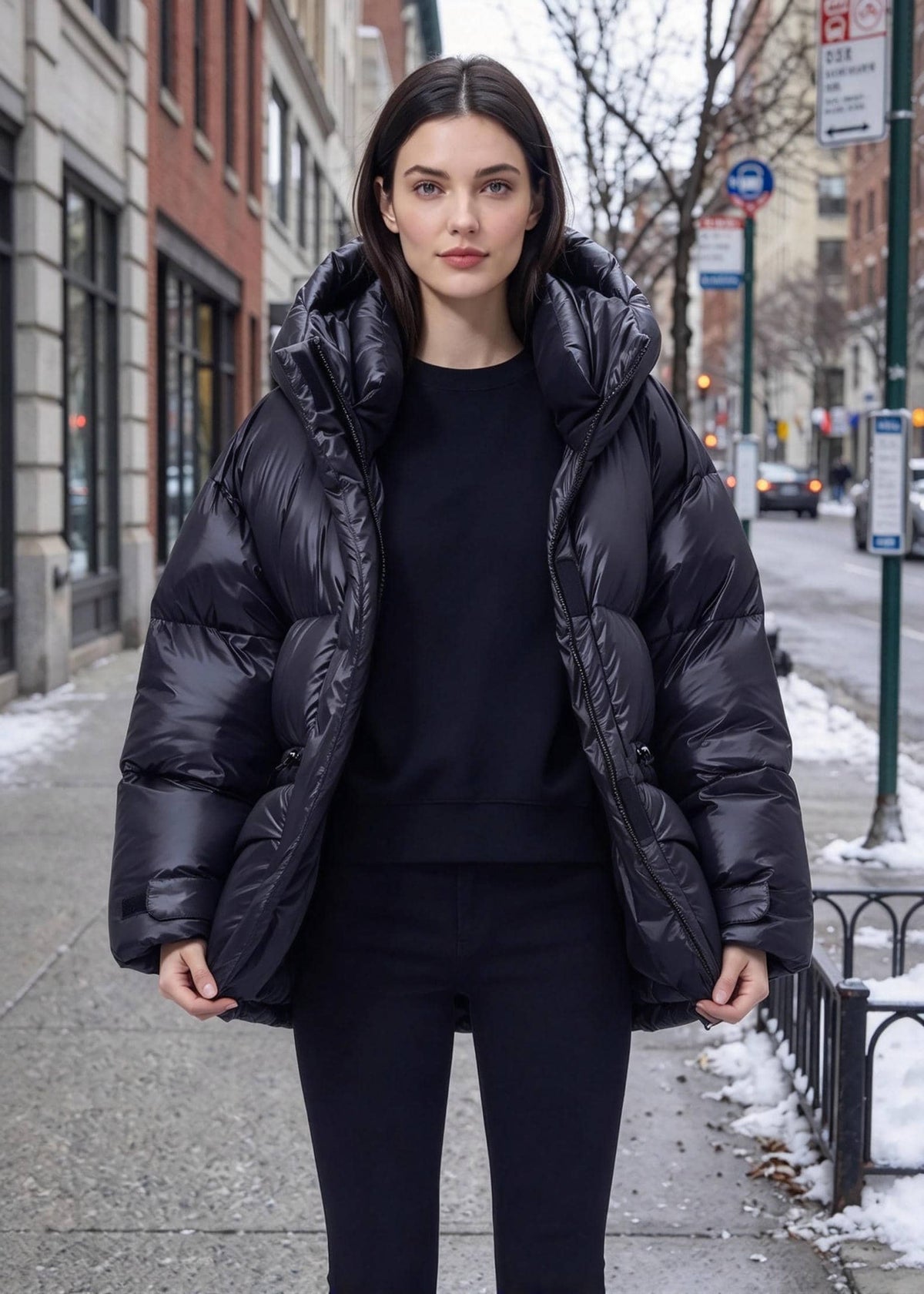 Black Cinched Waist Glossy Hooded Duck Down Puffer Jacket