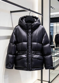 Black Cinched Waist Glossy Hooded Duck Down Puffer Jacket
