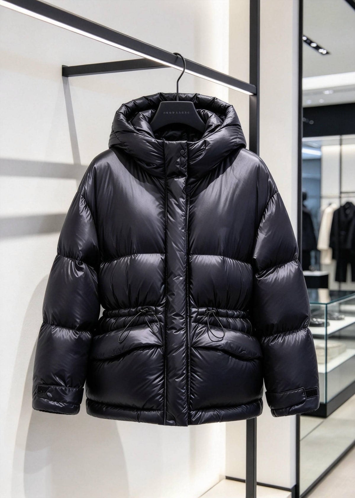 Black Cinched Waist Glossy Hooded Duck Down Puffer Jacket