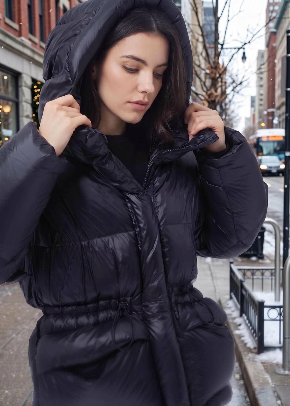 Black Cinched Waist Glossy Hooded Duck Down Puffer Jacket