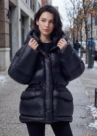 Black Cinched Waist Glossy Hooded Duck Down Puffer Jacket