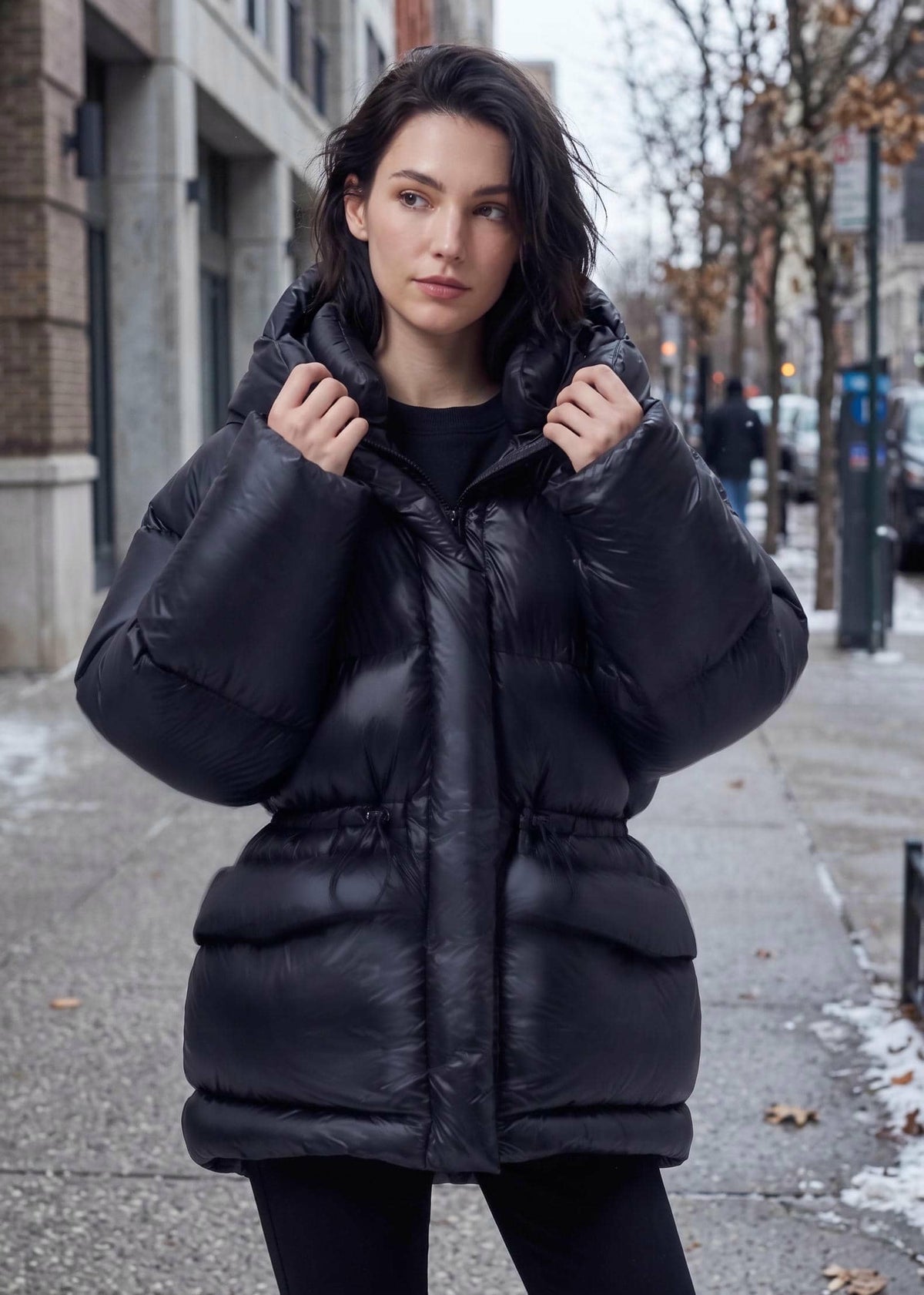 Black Cinched Waist Glossy Hooded Duck Down Puffer Jacket
