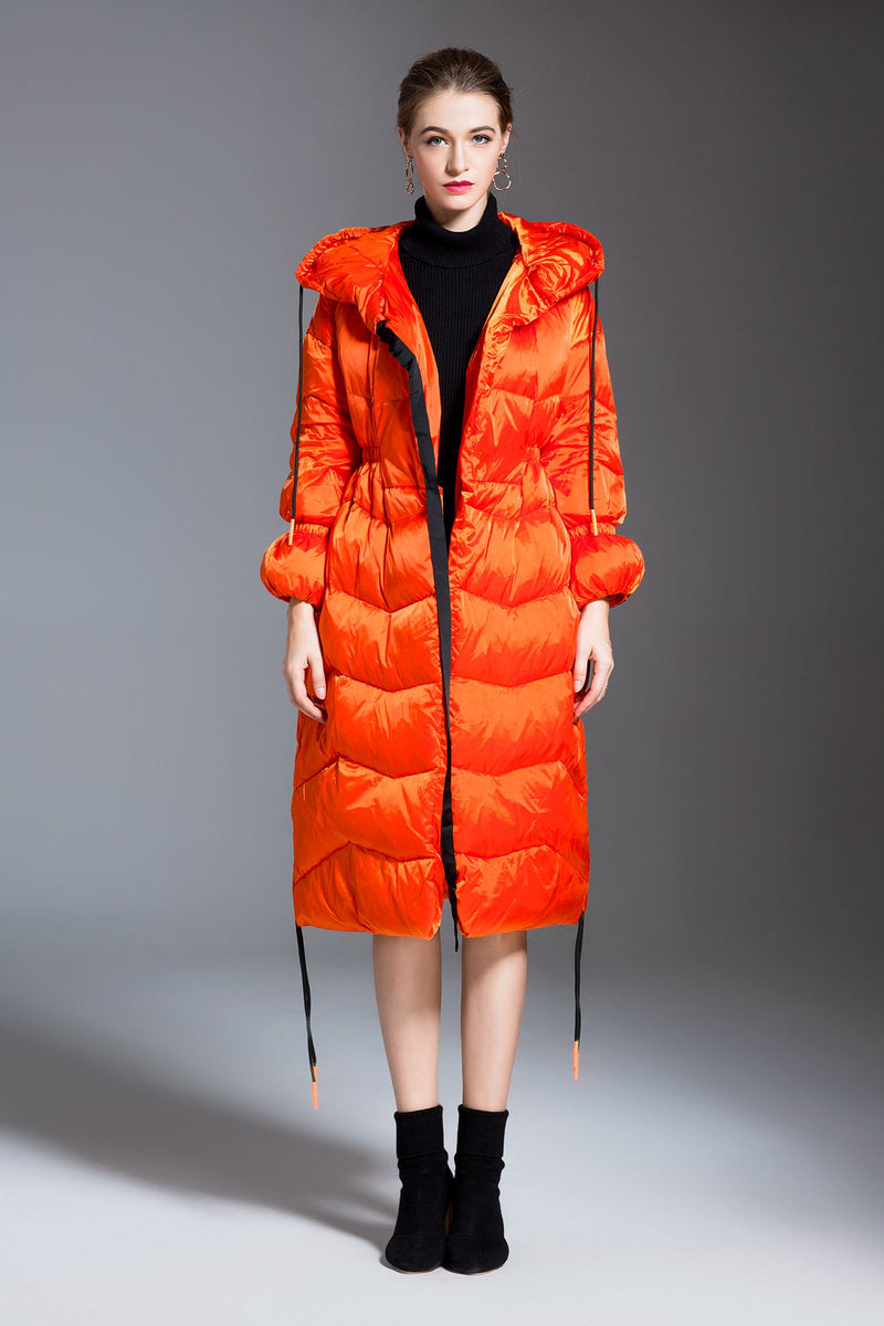 Women's Winter Glossy Hooded Drawcord Down Puffer Coat