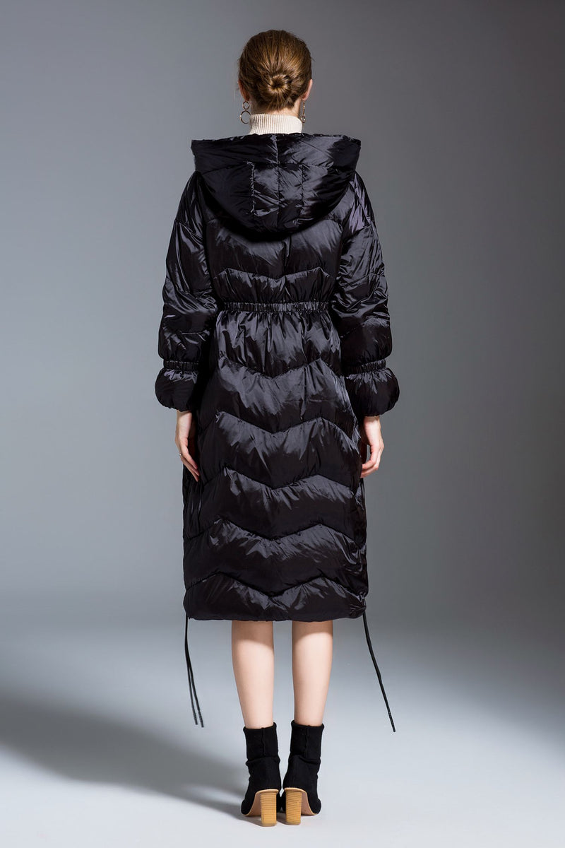 Women's Winter Glossy Hooded Drawcord Down Puffer Coat