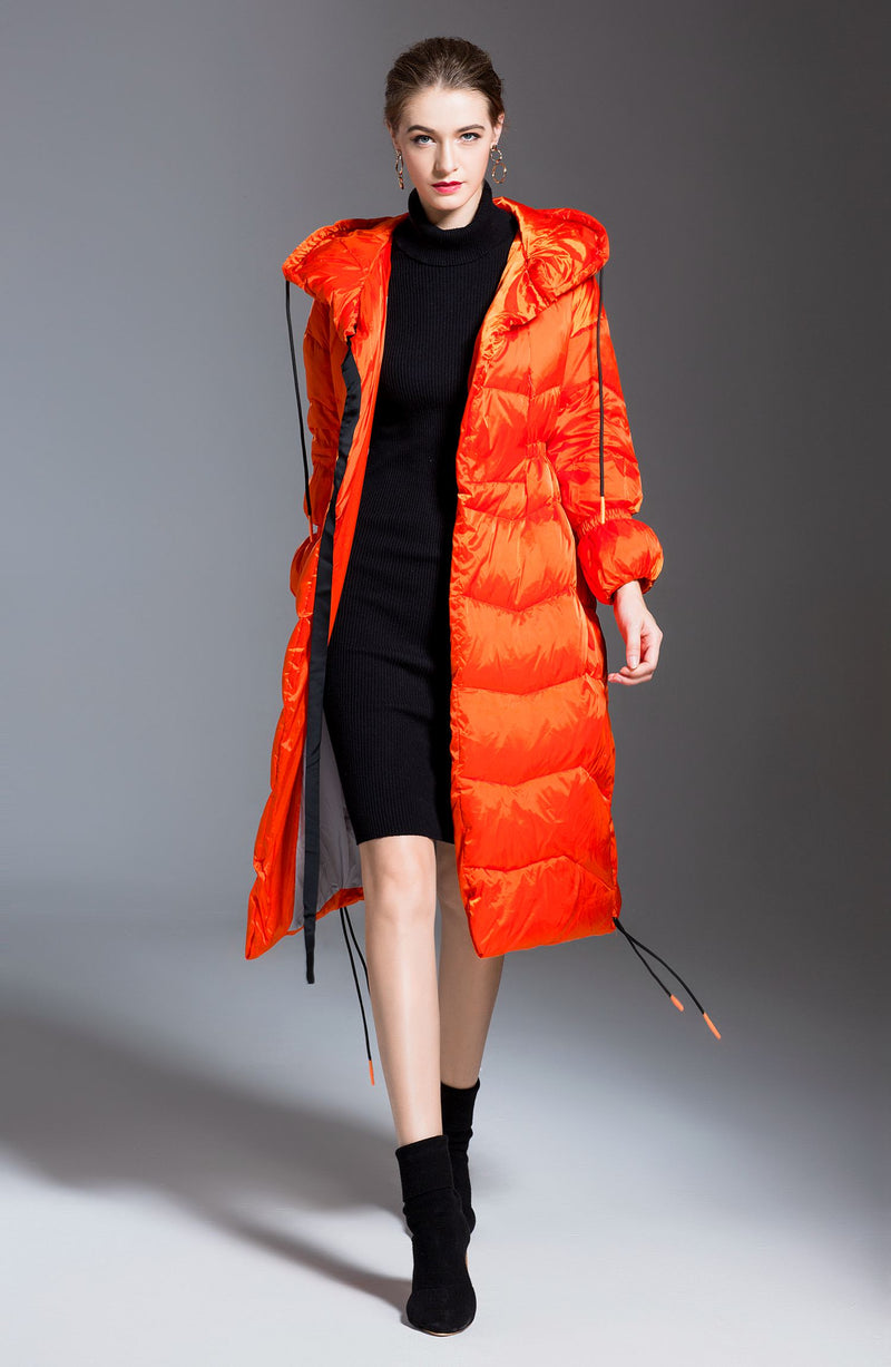 Women's Winter Glossy Hooded Drawcord Down Puffer Coat