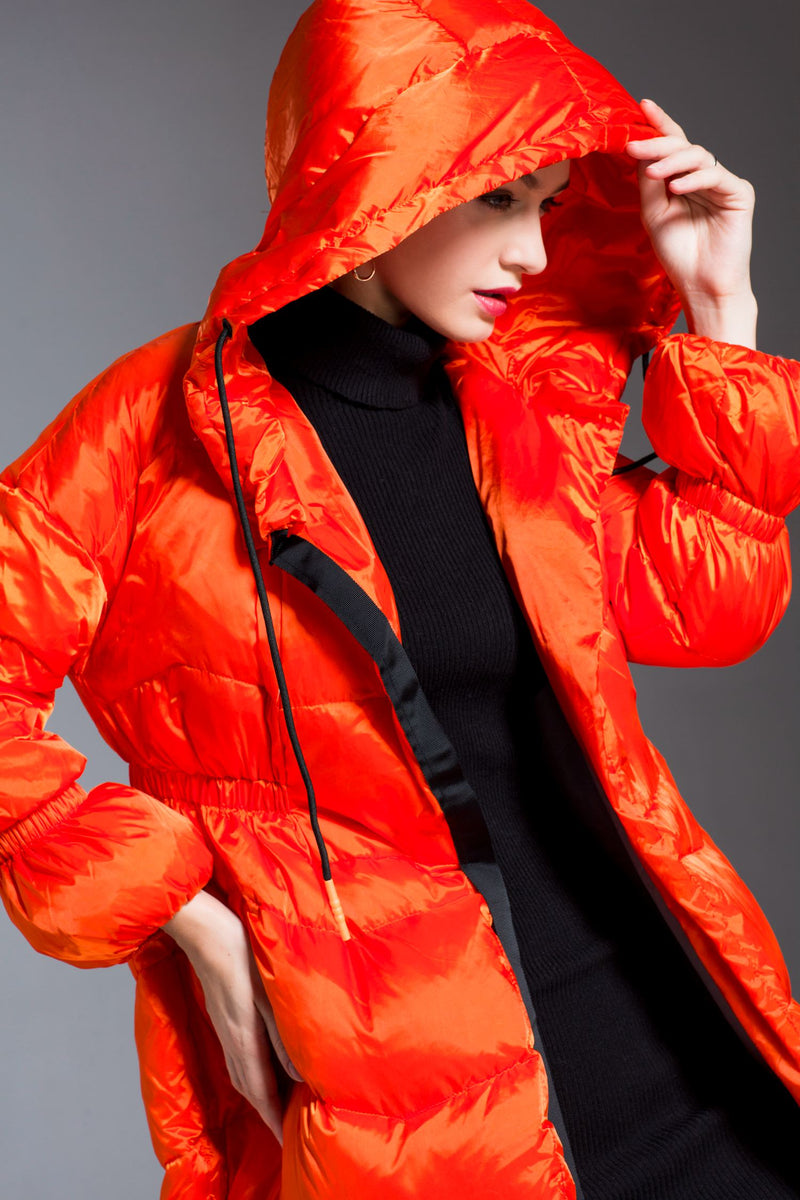 Women's Winter Glossy Hooded Drawcord Down Puffer Coat