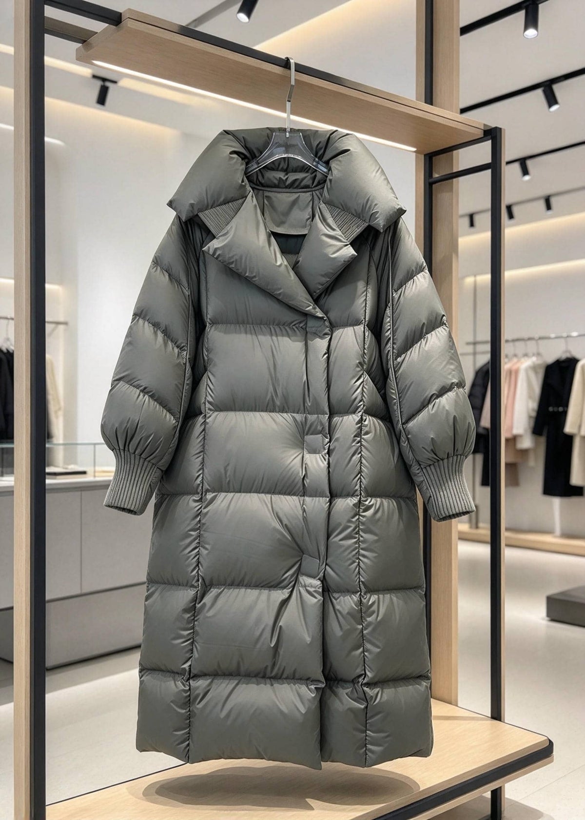 A long, puffer-style hooded coat in a muted gray-green tone hanging on a display rack inside a modern clothing store.