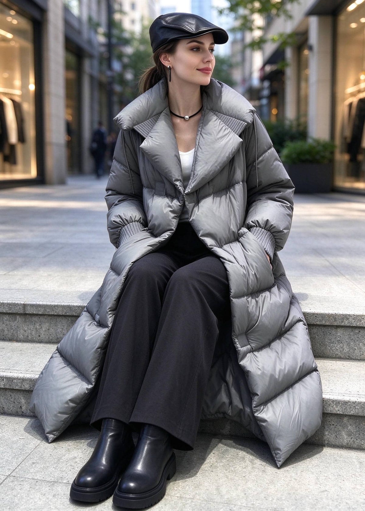 A woman sits on outdoor stone steps wearing a long silver-gray puffer coat, black wide-leg pants, black boots, and a black cap in an urban street setting.