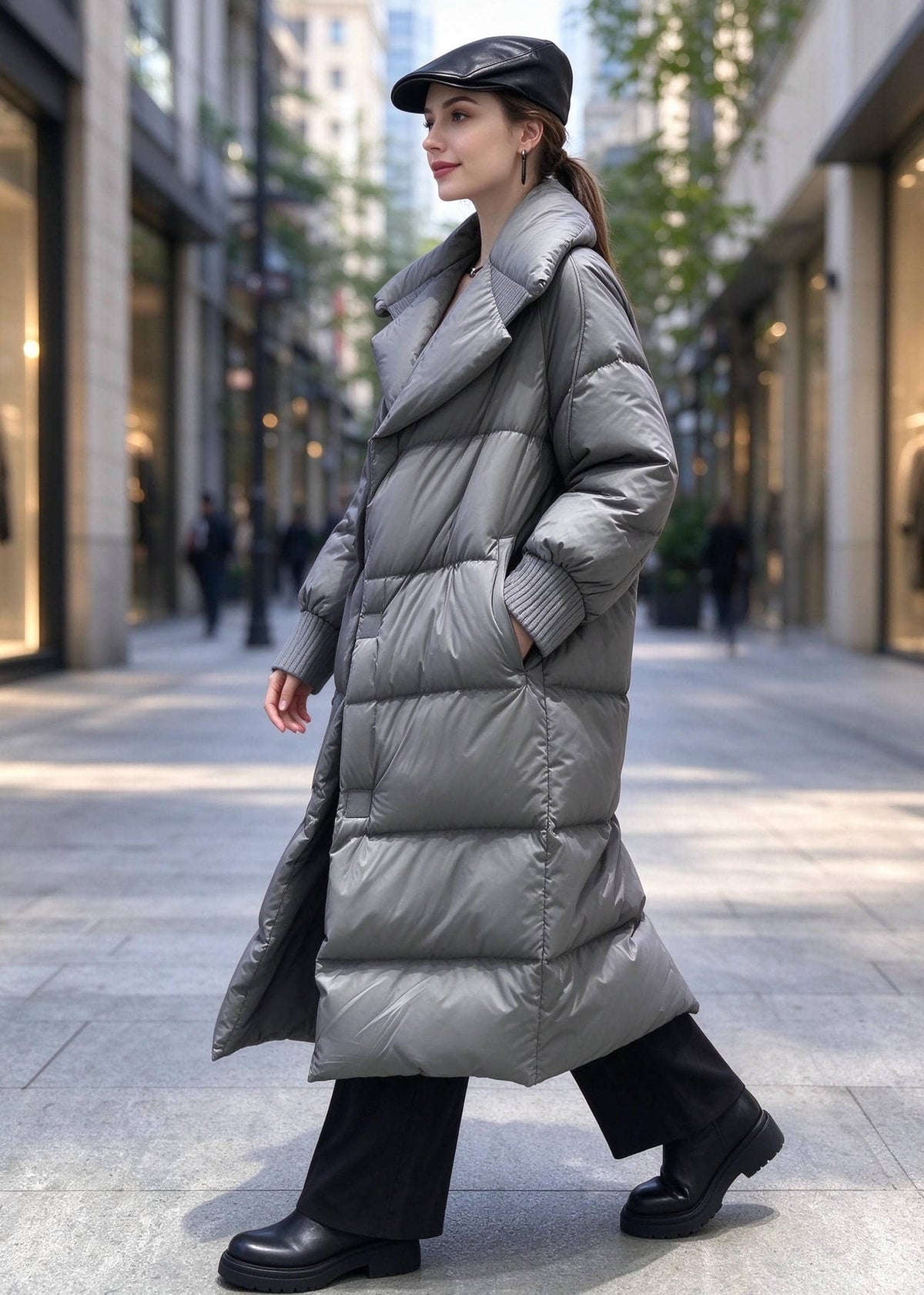 A woman walking on a city street wearing a long, oversized puffer coat in a cool gray color, paired with black pants, black boots, and a black cap.