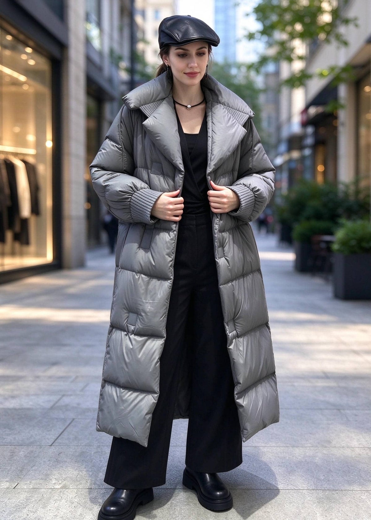 A woman stands on a city sidewalk wearing a long, shiny silver-gray puffer coat over a black outfit, with a black beret and black boots.