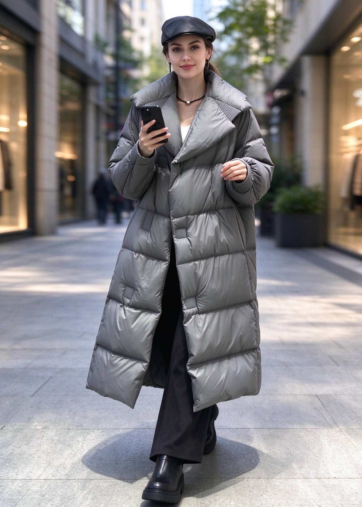 A woman walking down a city street wearing a long, shiny silver-gray puffer coat, black pants, black boots, and a black beret, holding a black smartphone.
