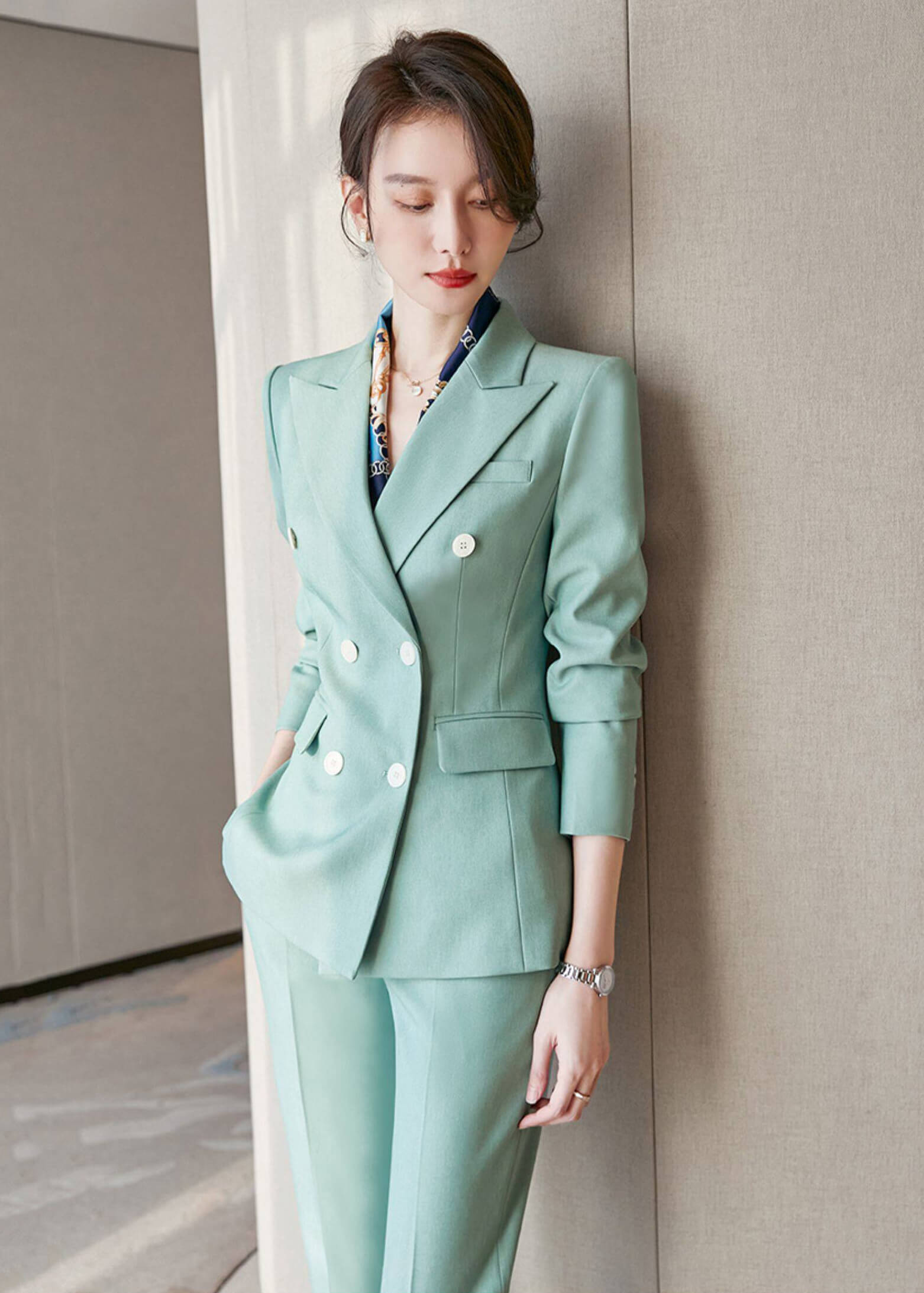 Sage Green Double-Breasted Pantsuit