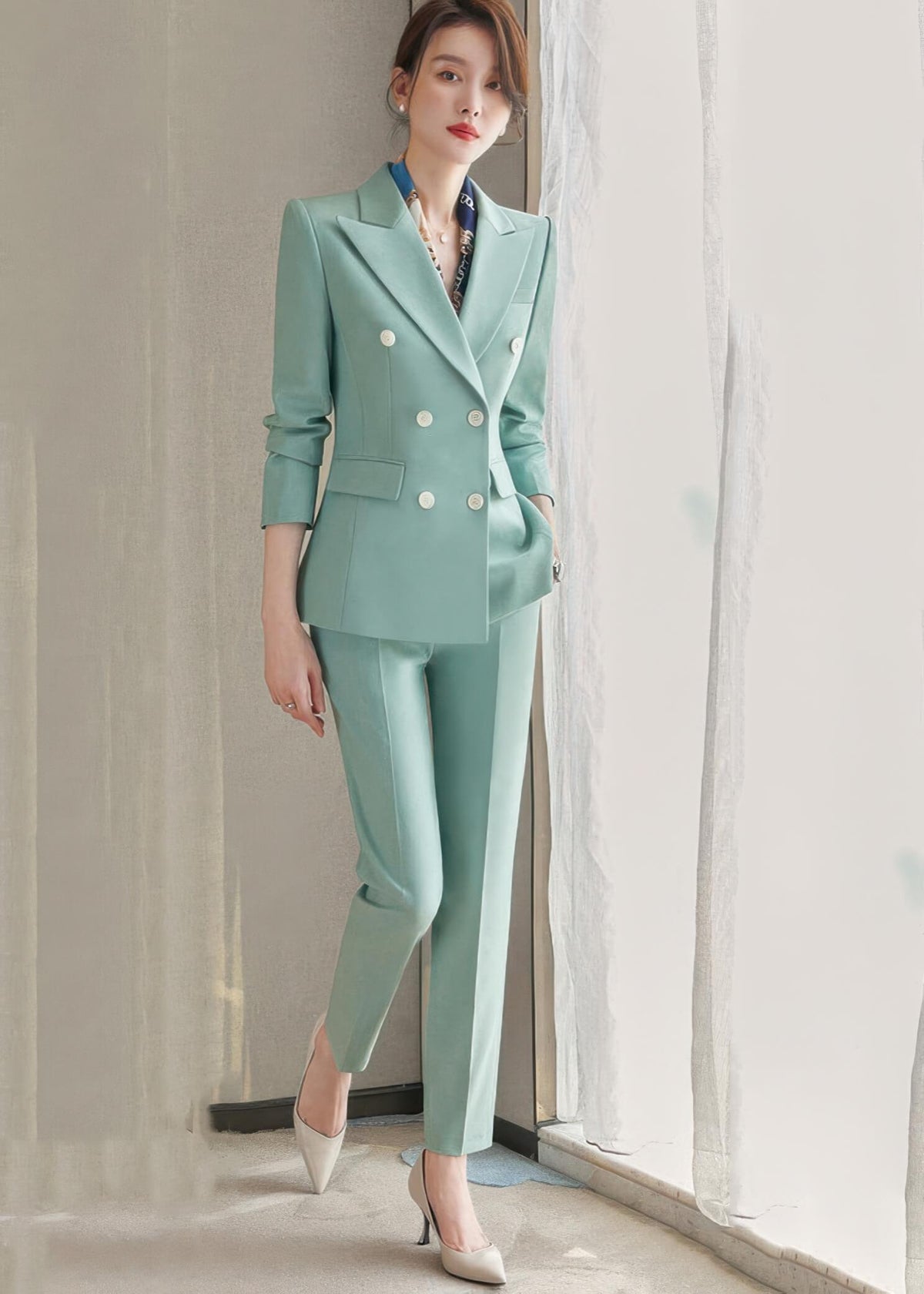 sage green dress pants womens Women's Double-Breasted Pantsuit Lime Green Marilyn Cutout Bustier Maxi taxmas25 Size:Medium (Fits 7/8)