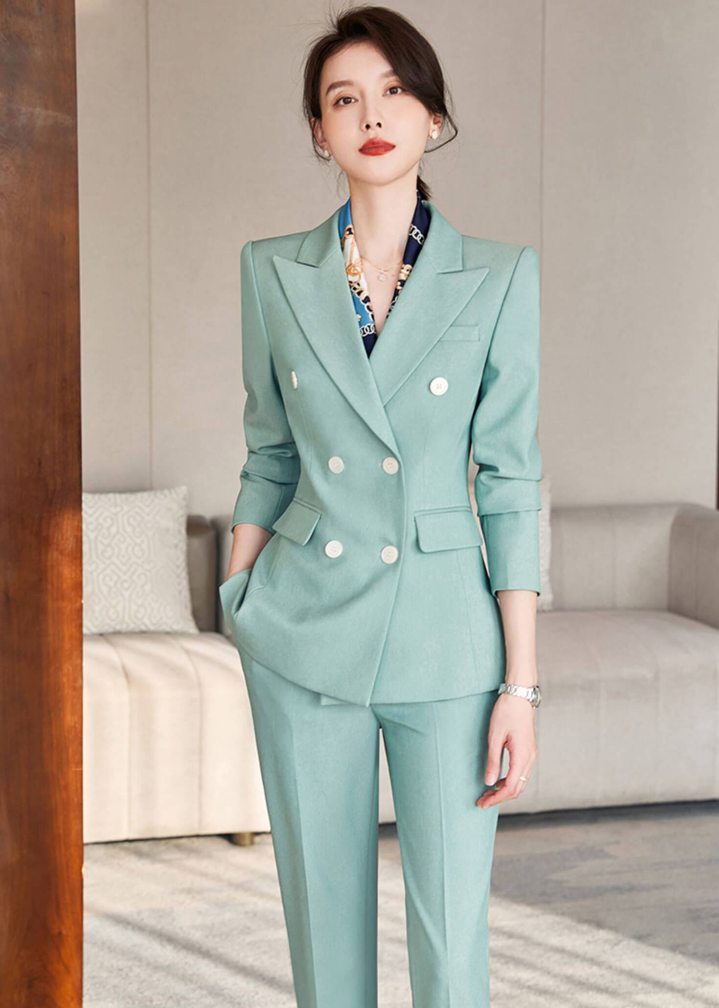 Sage Green Double-Breasted Pantsuit
