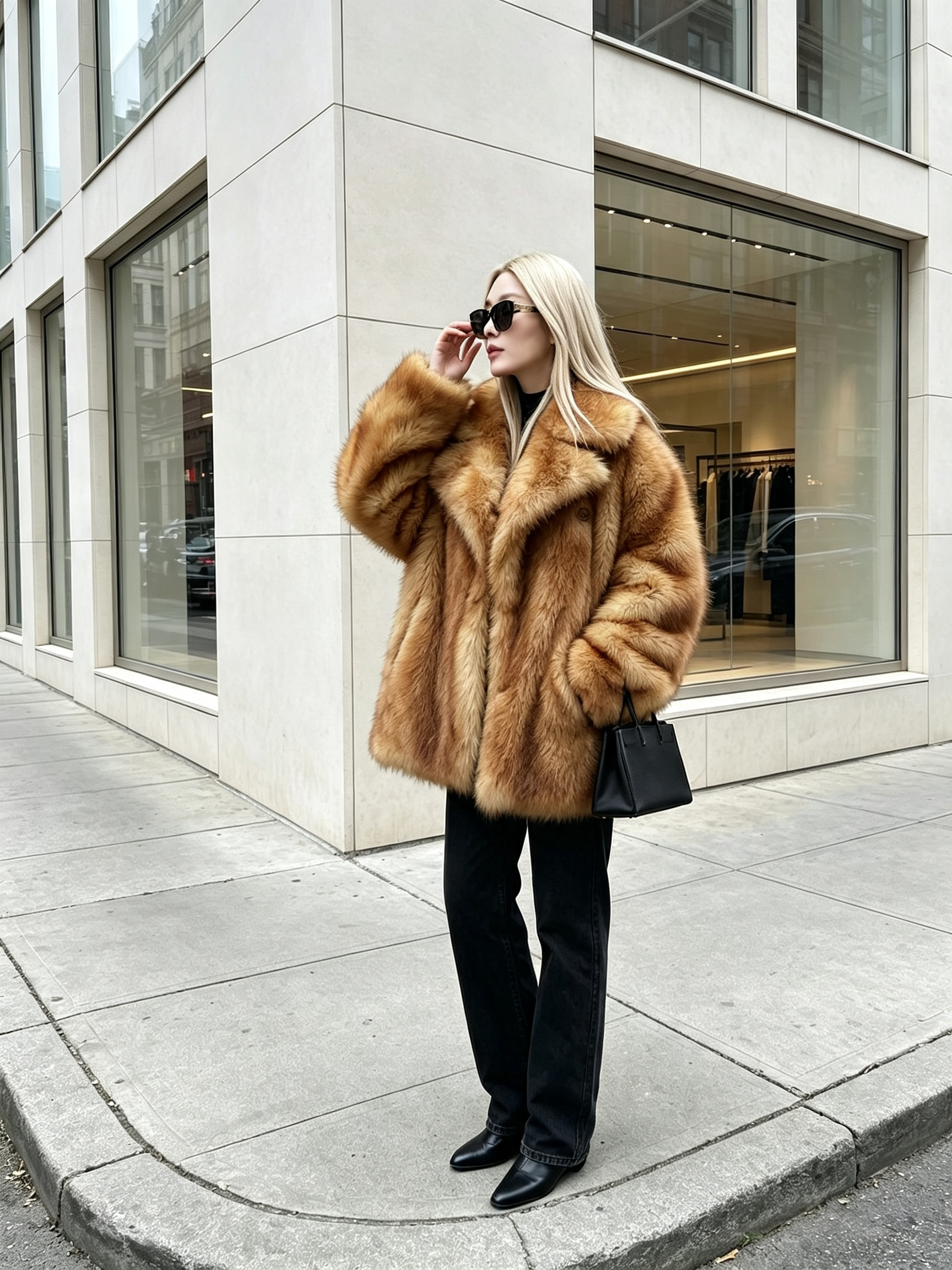 Blonde woman wearing a honey amber plush faux fox fur coat and sunglasses standing on a city street corner.