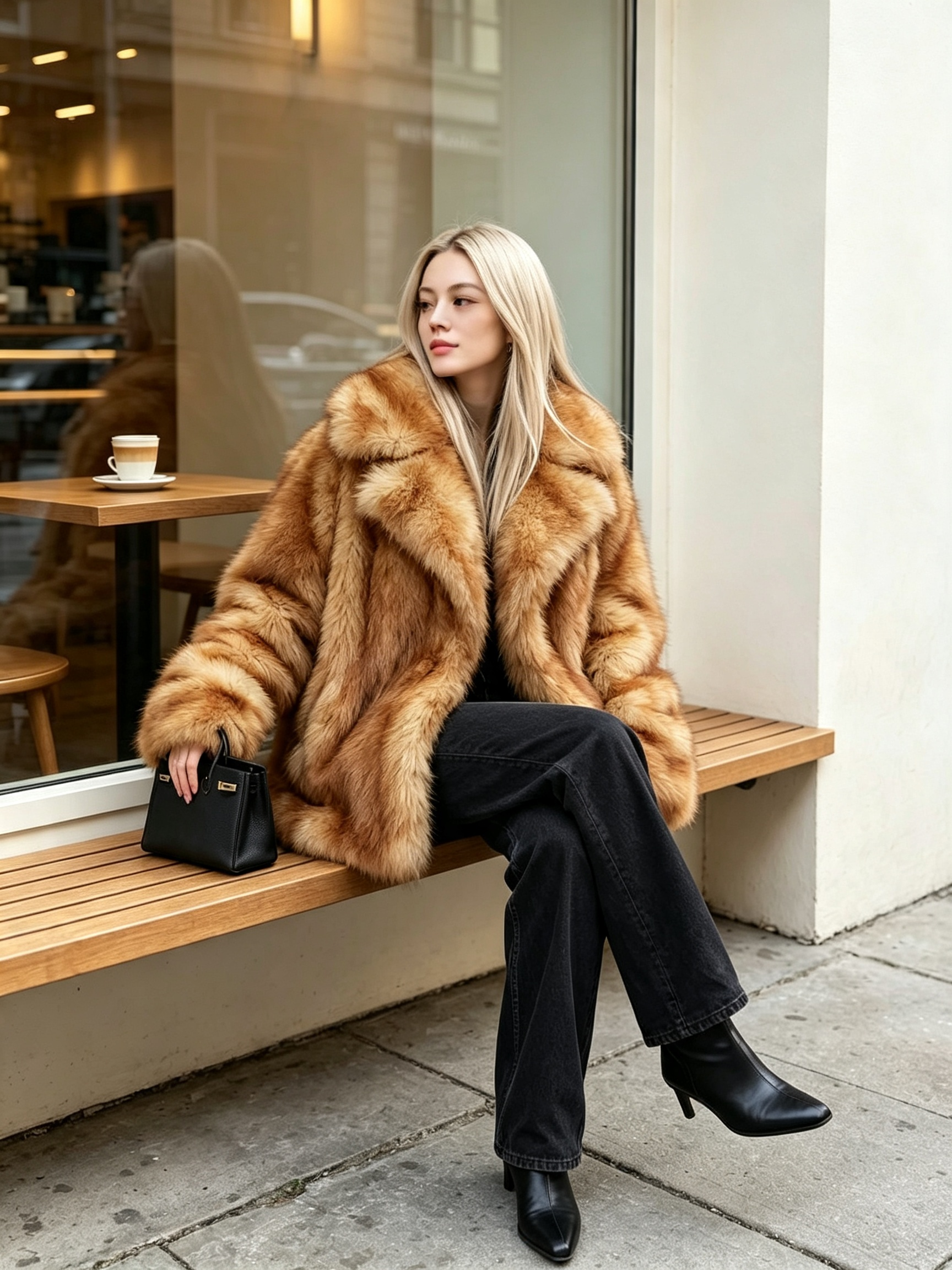 Blonde woman sitting on a wooden bench outside a cafe in a honey amber faux fur jacket and black jeans.