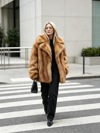 Blonde woman walking across a pedestrian crosswalk wearing a voluminous honey amber faux fox fur coat.