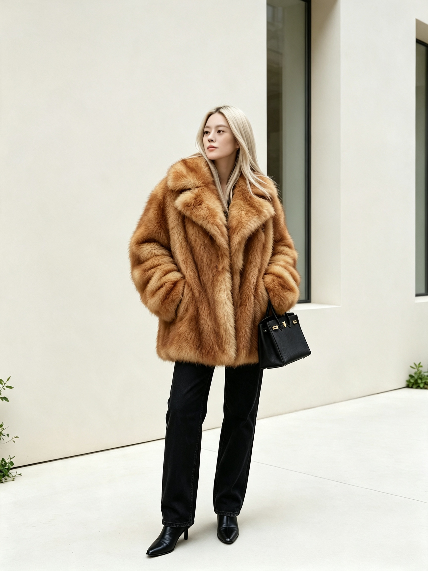 Full-length view of a blonde woman posing in a honey amber oversized faux fur coat with a black handbag.