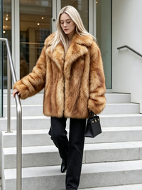 Woman walking down outdoor stairs wearing a plush honey amber faux fox fur jacket and black trousers.