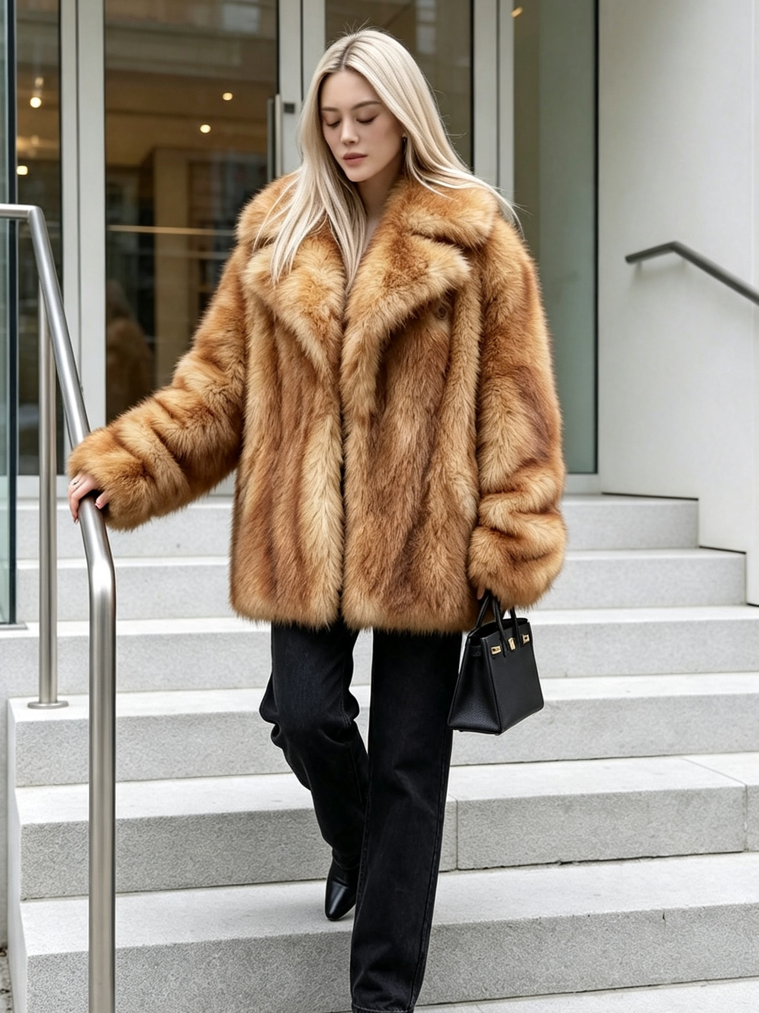 Woman walking down outdoor stairs wearing a plush honey amber faux fox fur jacket and black trousers.