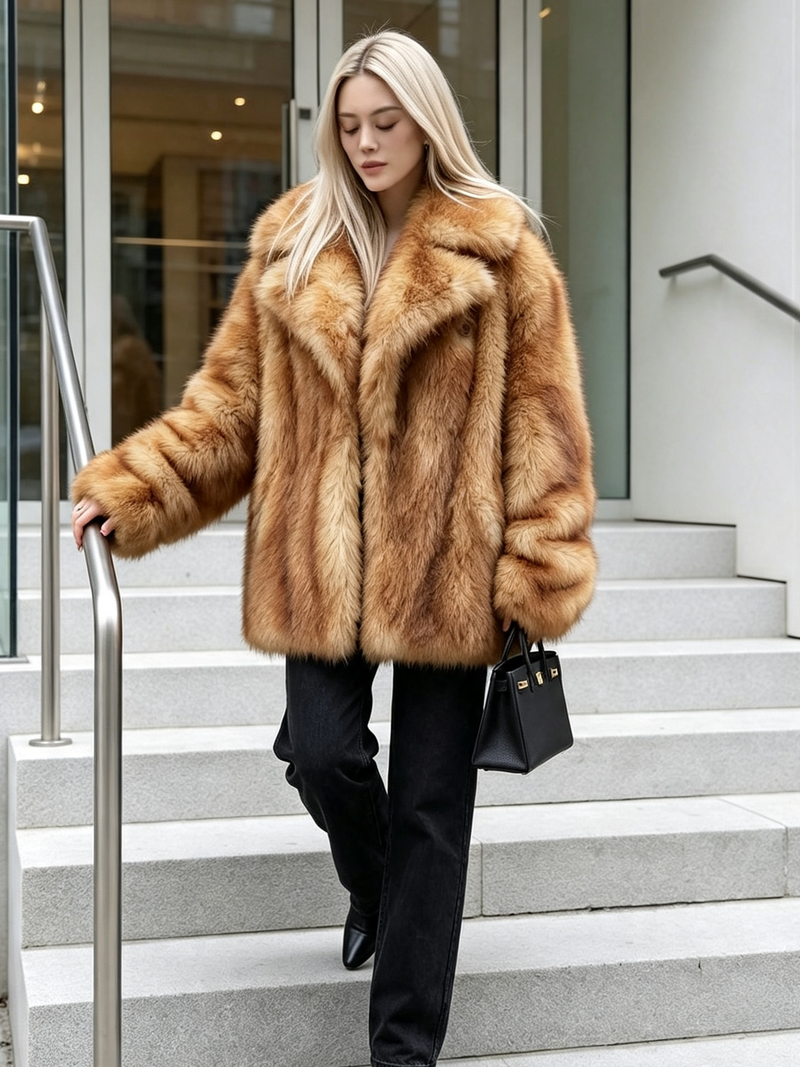 Woman walking down outdoor stairs wearing a plush honey amber faux fox fur jacket and black trousers.