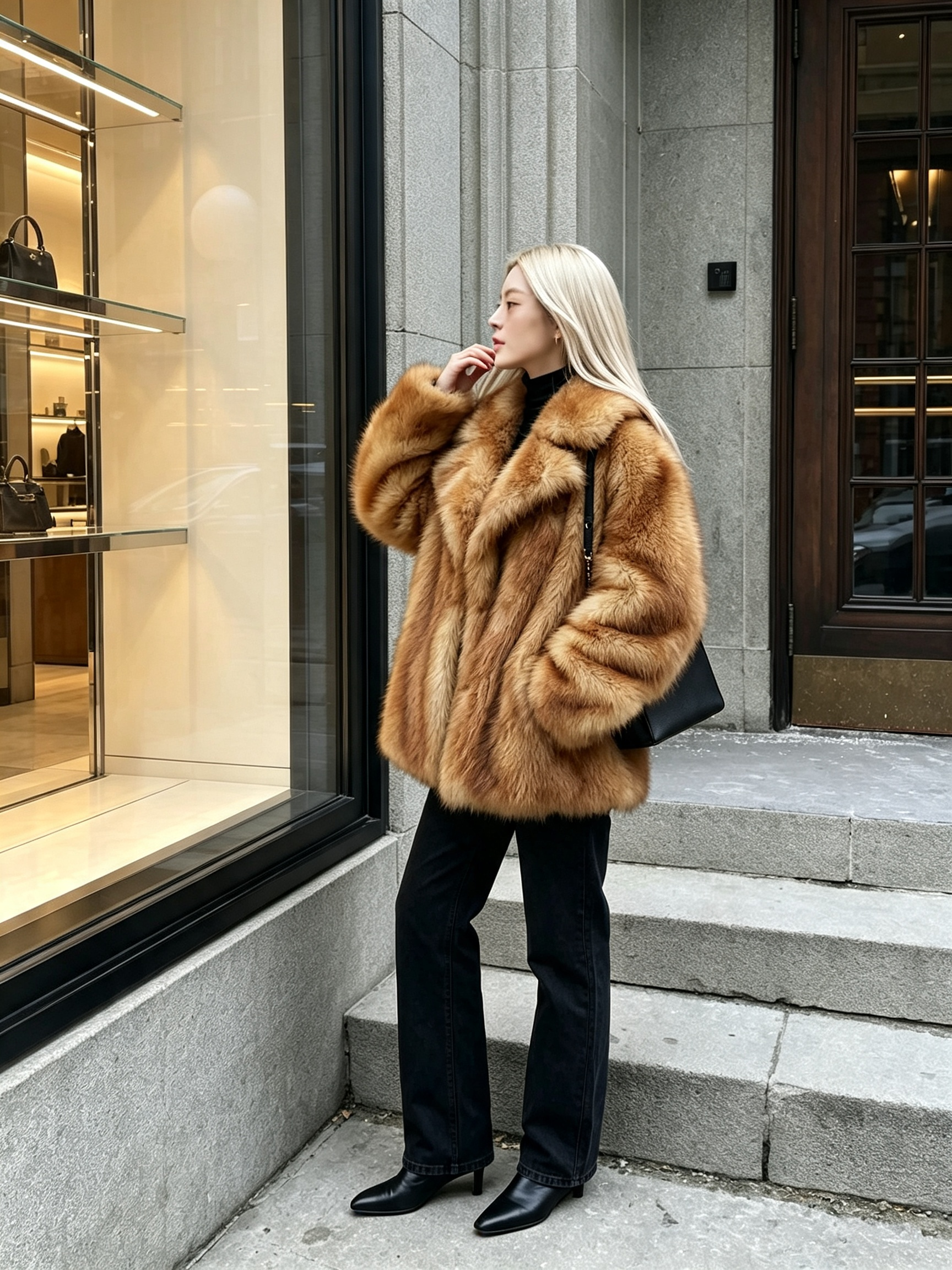 Side profile of a blonde model standing near a store display wearing a luxurious honey amber faux fur coat.
