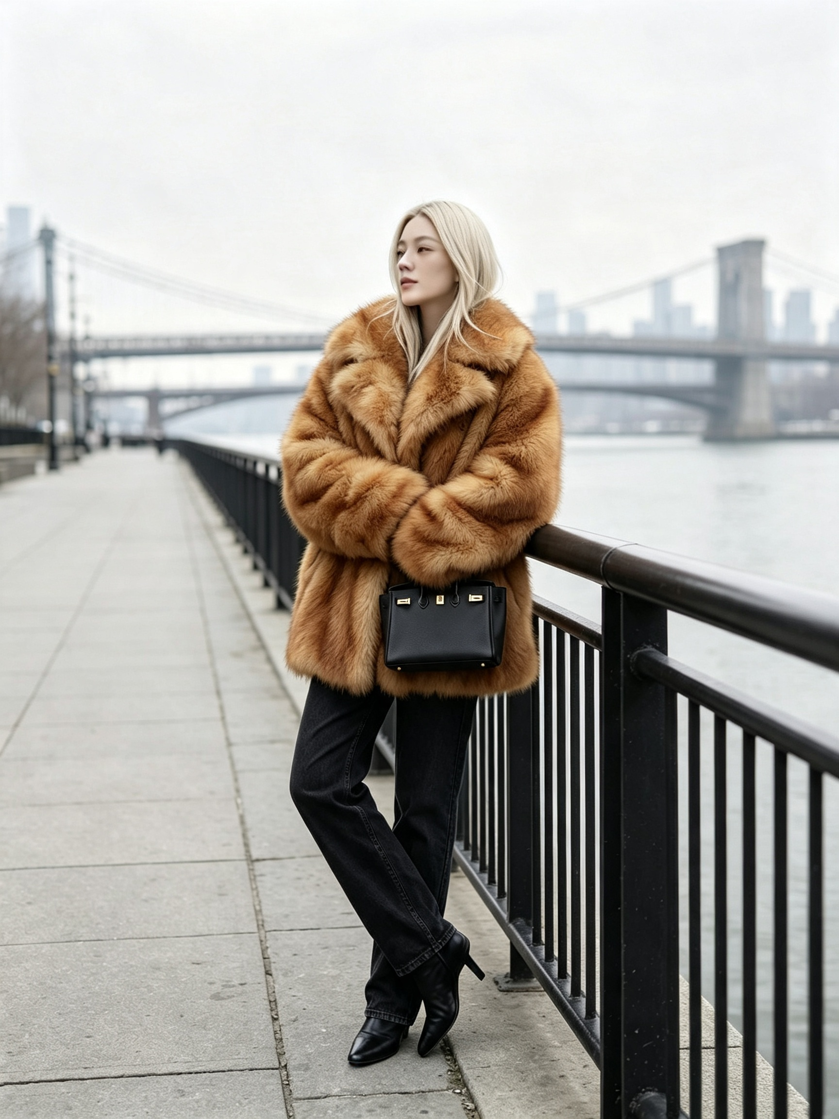 Woman leaning on a waterfront railing in a honey amber plush faux fur coat with a bridge in the background.