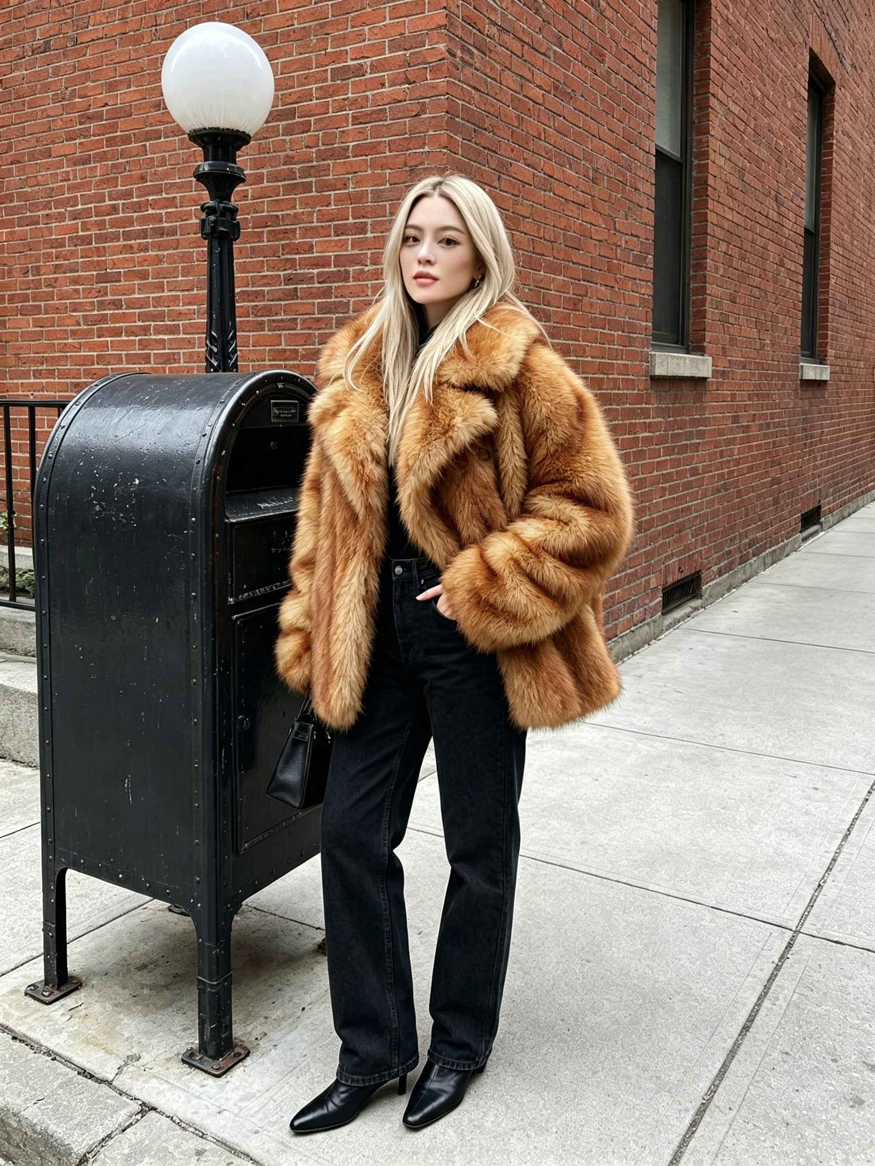 Woman standing next to a vintage black mailbox on a brick sidewalk wearing a honey amber faux fox fur coat.