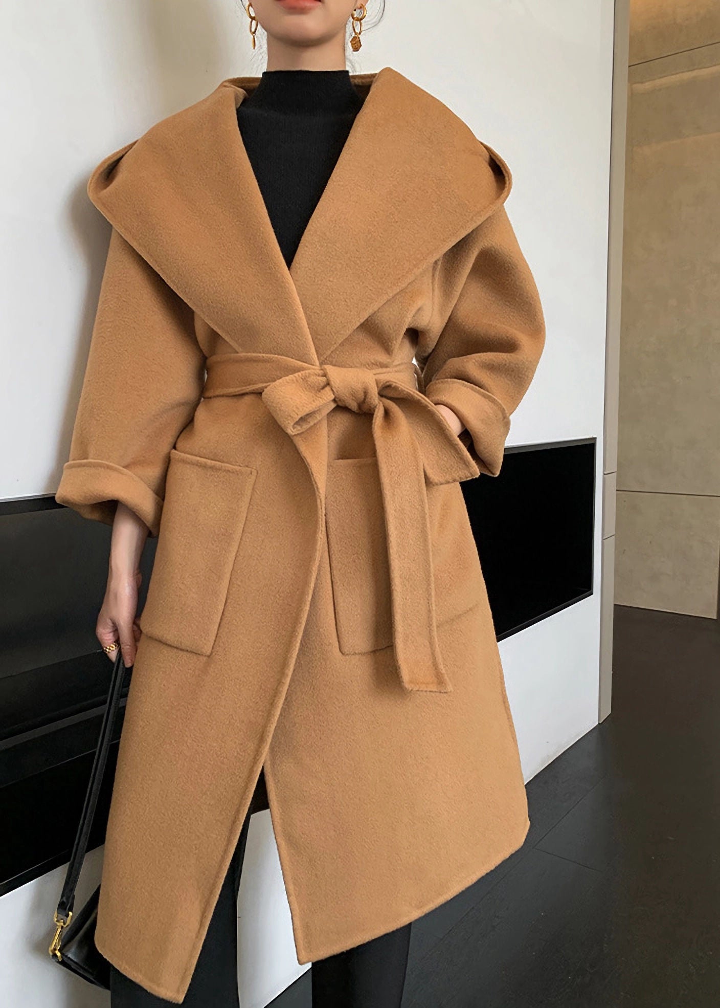 Hooded Double Face Pure Wool Belted Wrap Long Coat Camel Xs