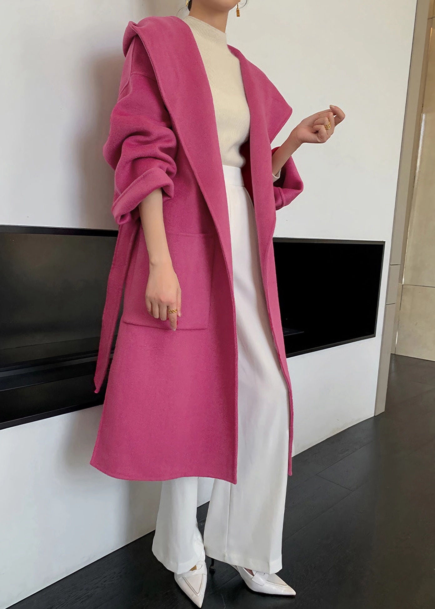 Hooded Double Face Pure Wool Belted Wrap Long Coat – Vivian Seven